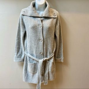 atmosphere Long Belted Button Front Cardigan Grey Lambs Wool Women’s Size 10